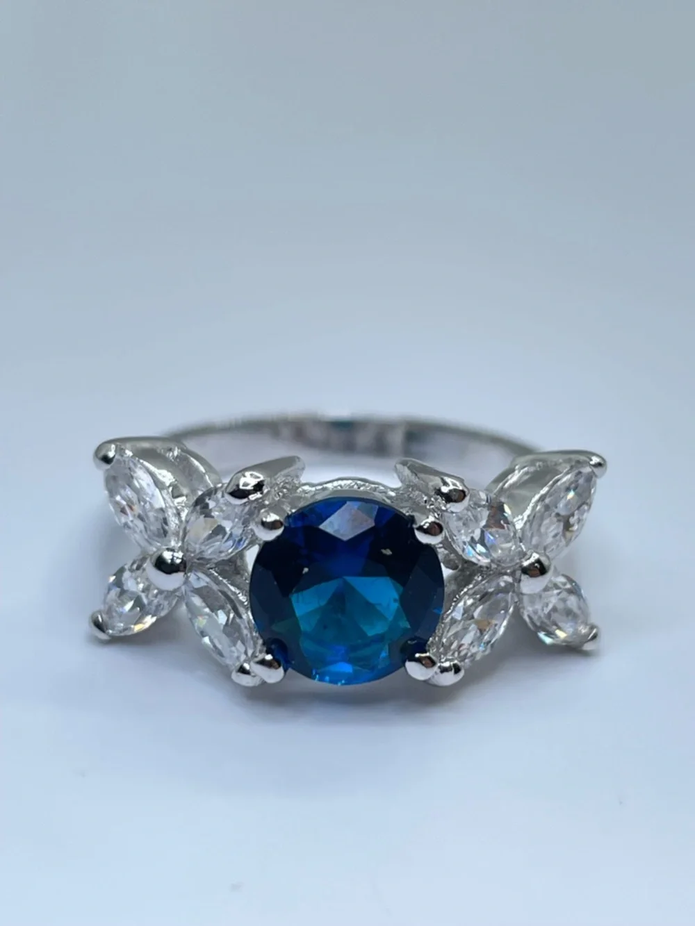 Sapphire Blue Diamond White Swarovski Crystal Elements Floral Ring Silver Sz 7